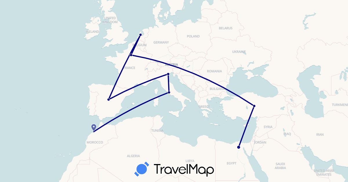 TravelMap itinerary: driving in Egypt, Spain, France, Italy, Morocco, Netherlands, Turkey (Africa, Asia, Europe)