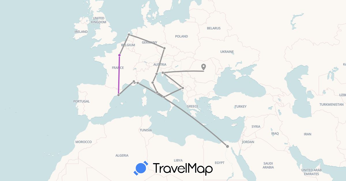 TravelMap itinerary: plane, train in Czech Republic, Egypt, Spain, France, Italy, Montenegro, Netherlands, Romania, Slovenia (Africa, Europe)